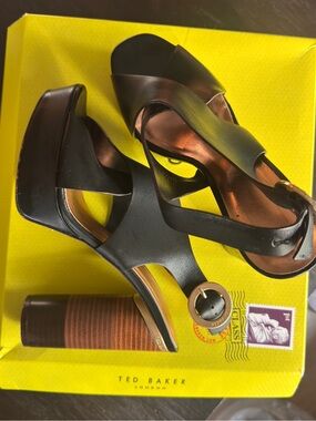 Ted Baker Black Leather Platform Sandals with Stacked Heel